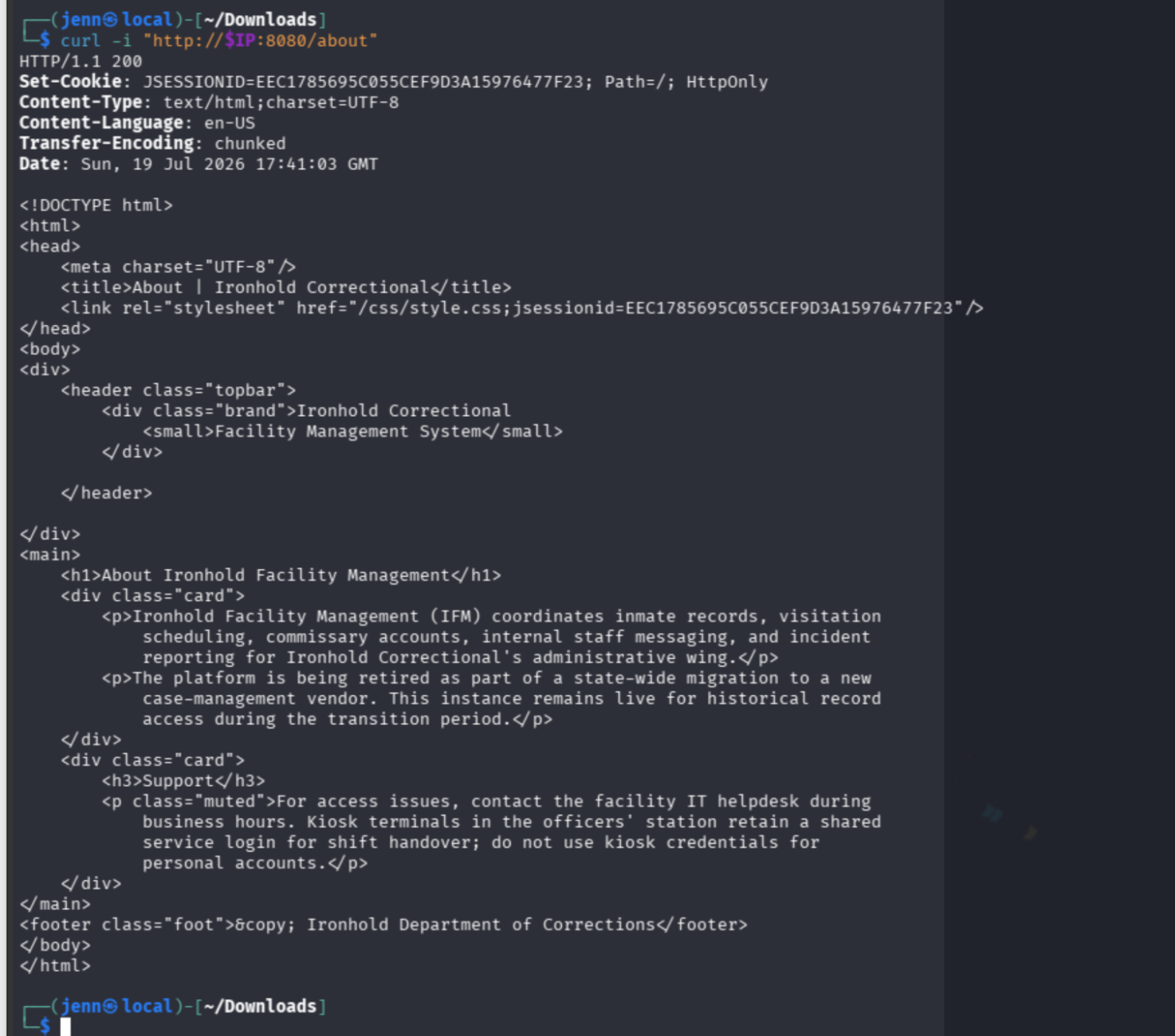 curl output from /about endpoint revealing kiosk credential hint
